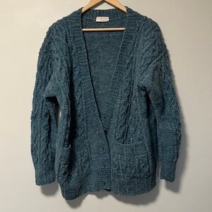 Hand Made by Peg Wehner Teal Cable Knit Cardigan